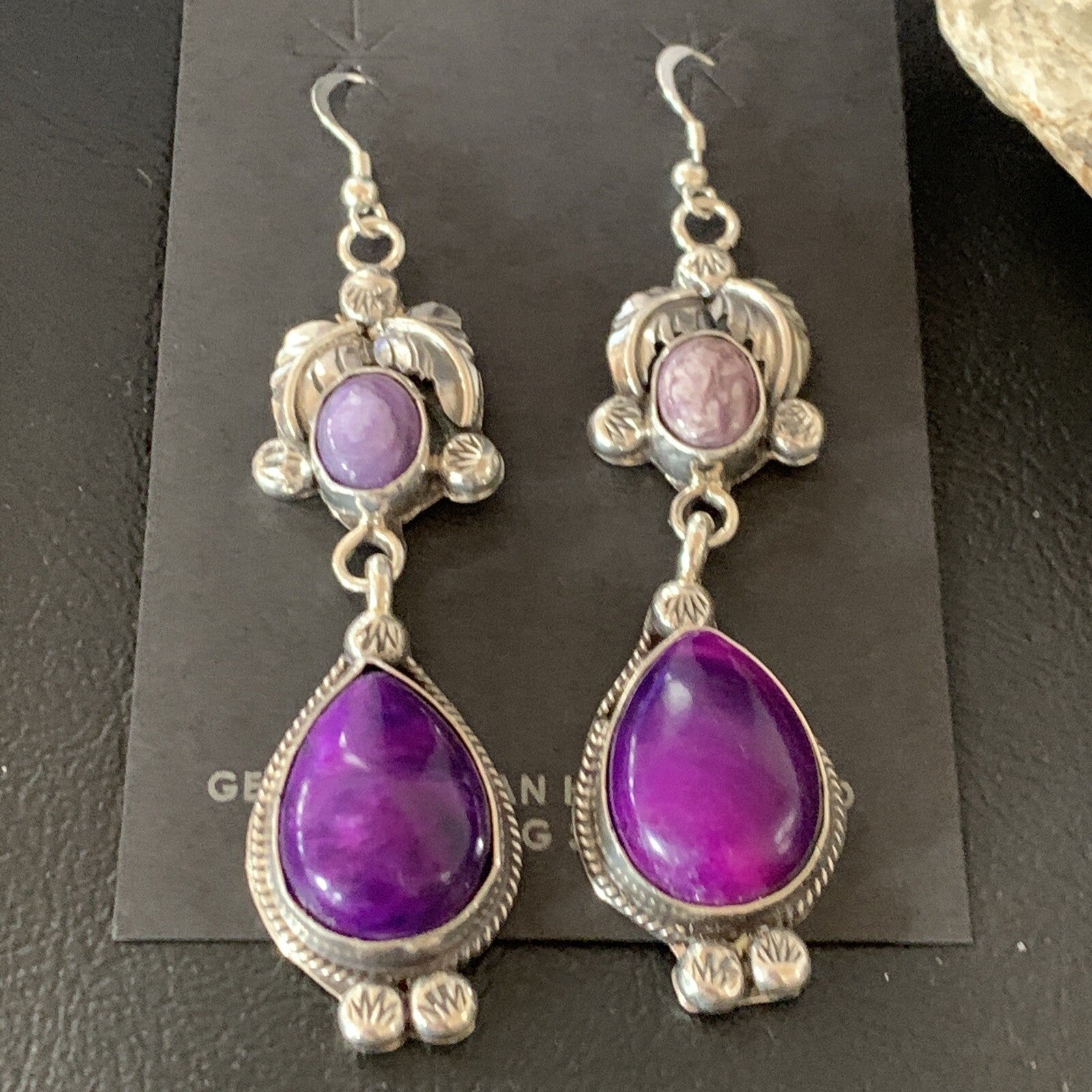 Purple Stone Navajo Sterling Silver Dangle Earrings 2" 12882