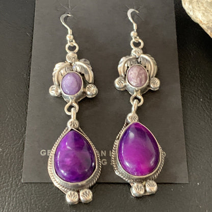 Purple Stone Navajo Sterling Silver Dangle Earrings 2" 12882