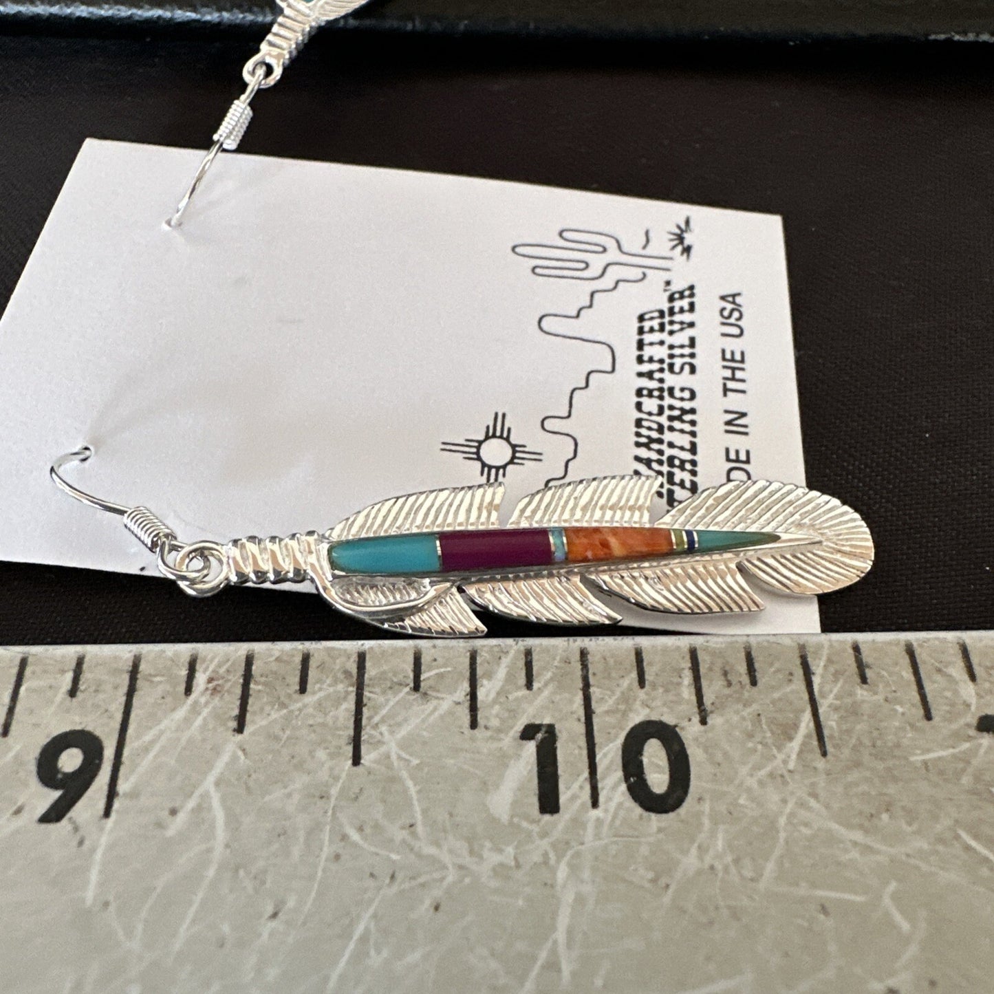 Multicolor Turquoise Sterling Silver Handmade Inlay Feather Earrings 18698
