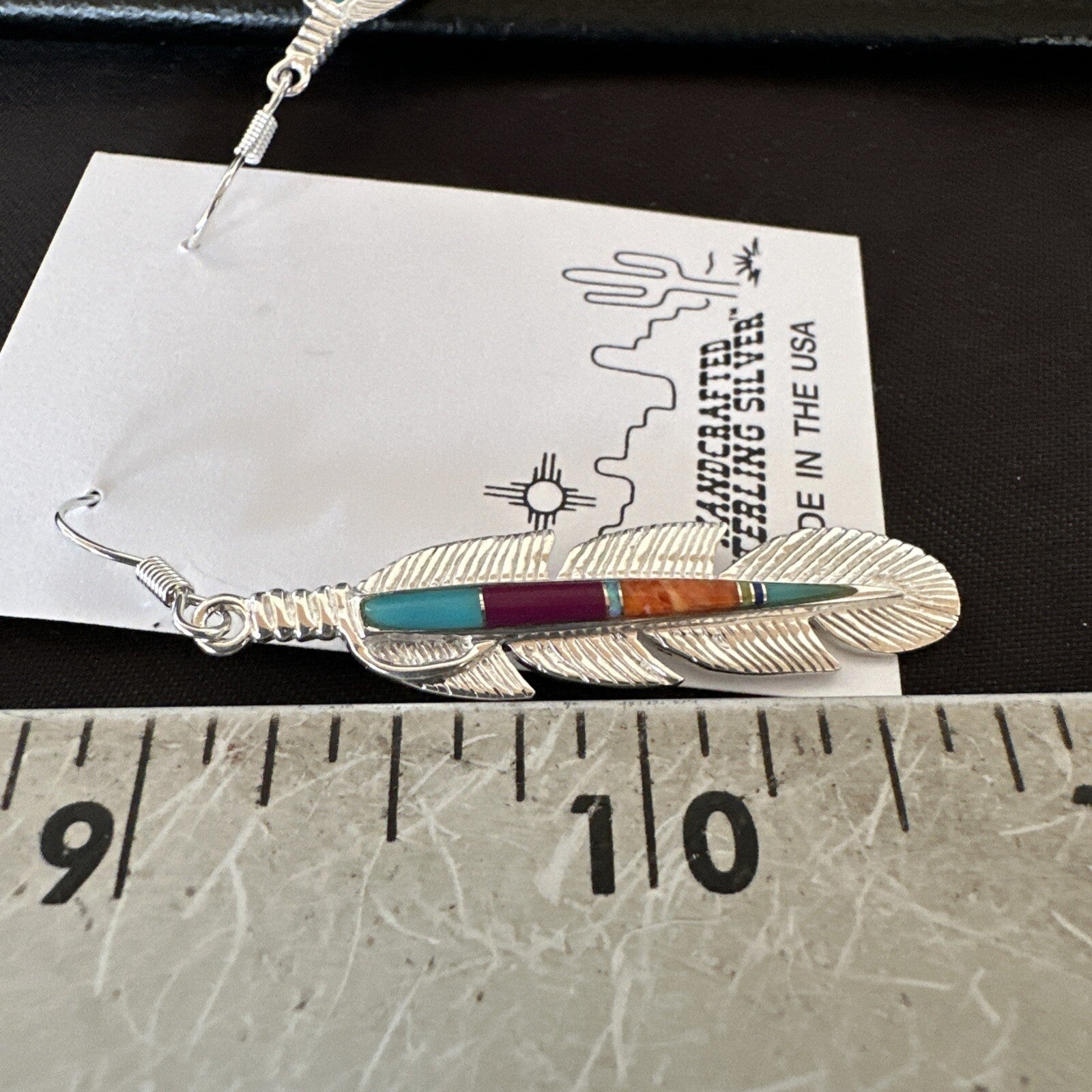 Multicolor Turquoise Sterling Silver Handmade Inlay Feather Earrings 18698