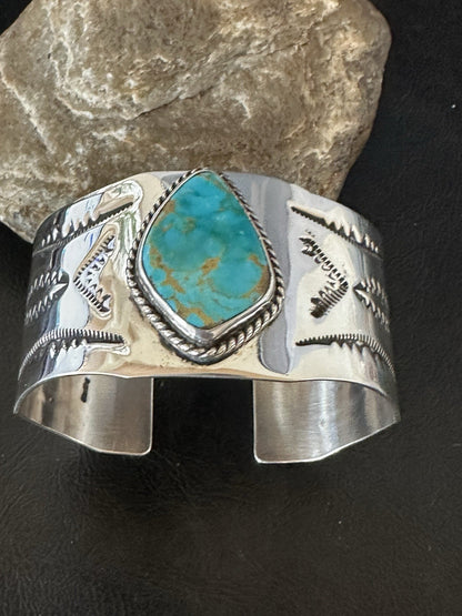 H Joe Blue Kingman Turquoise Navajo Sterling Silver Cuff Bracelet 8.2" 19423