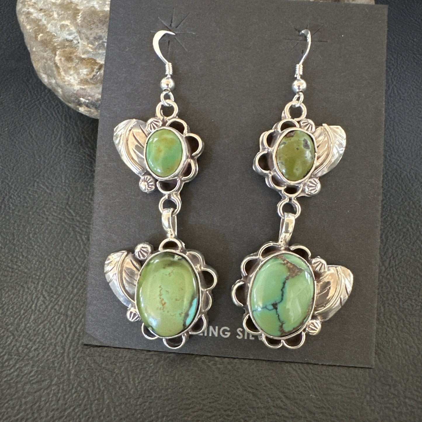 Native Navajo Green Turquoise Sterling Silver Dangle Earrings 2” 17693