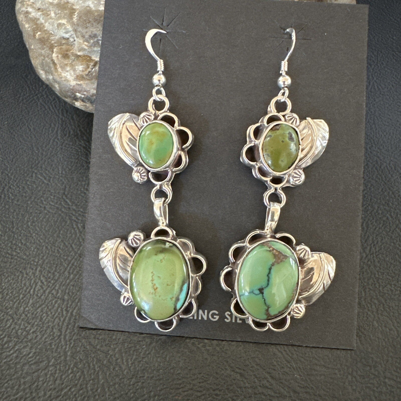 Native Navajo Green Turquoise Sterling Silver Dangle Earrings 2” 17693