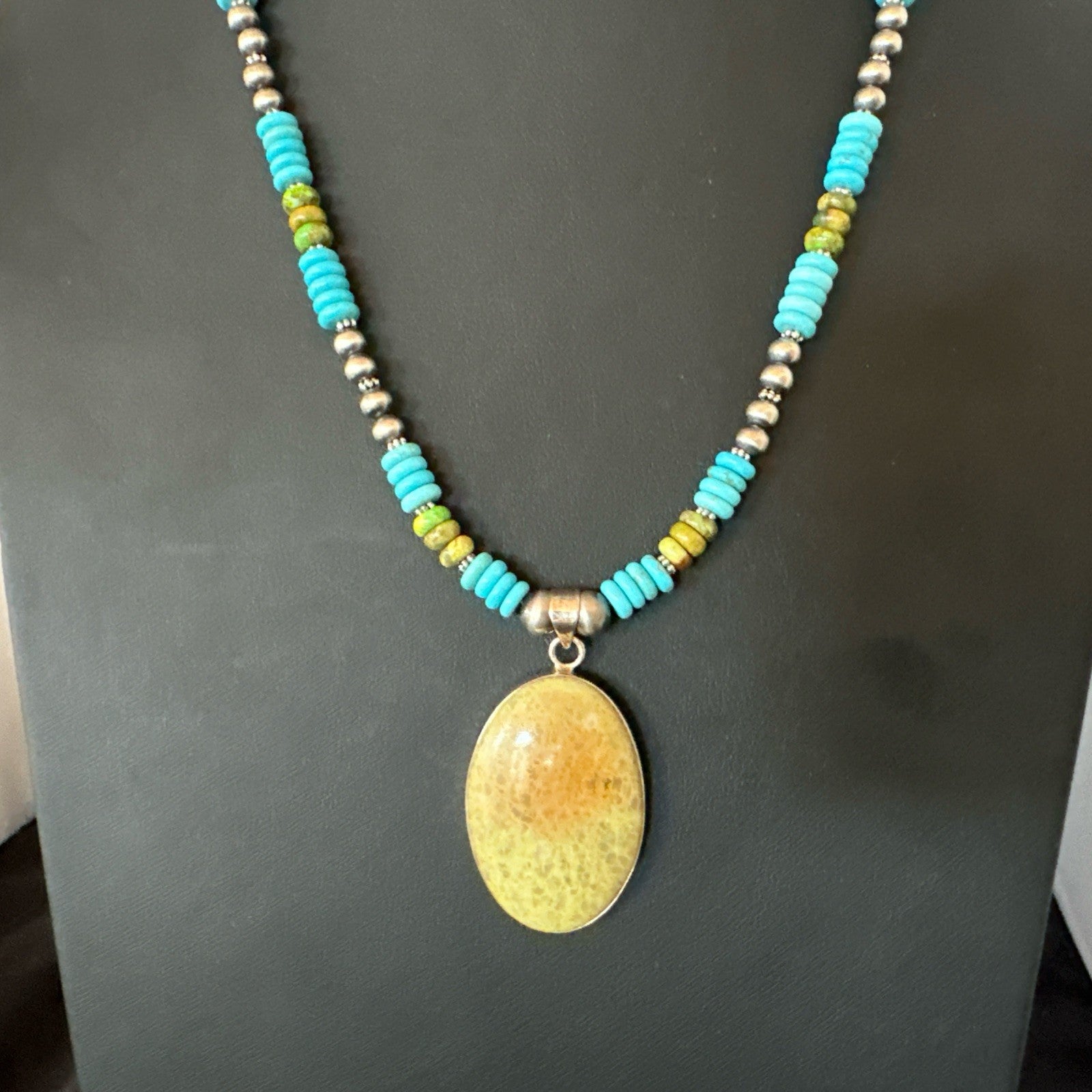 Green Gaspeite Pendant Blue Turquoise Navajo Sterling Silver Necklace 20" 19667