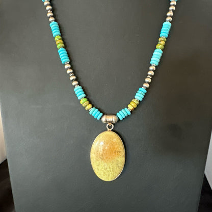 Green Gaspeite Pendant Blue Turquoise Navajo Sterling Silver Necklace 20" 19667