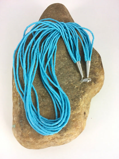 Native Blue Turquoise Heishi 10 Strand Sterling Silver Necklace 19" 08872