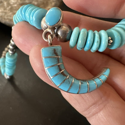 Blue Turquoise Inlay Pendant Navajo Sterling Silver Necklace 19515