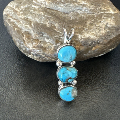 Blue Turquoise 3 Stone Navajo Sterling Silver Cluster Pendant Only 18347