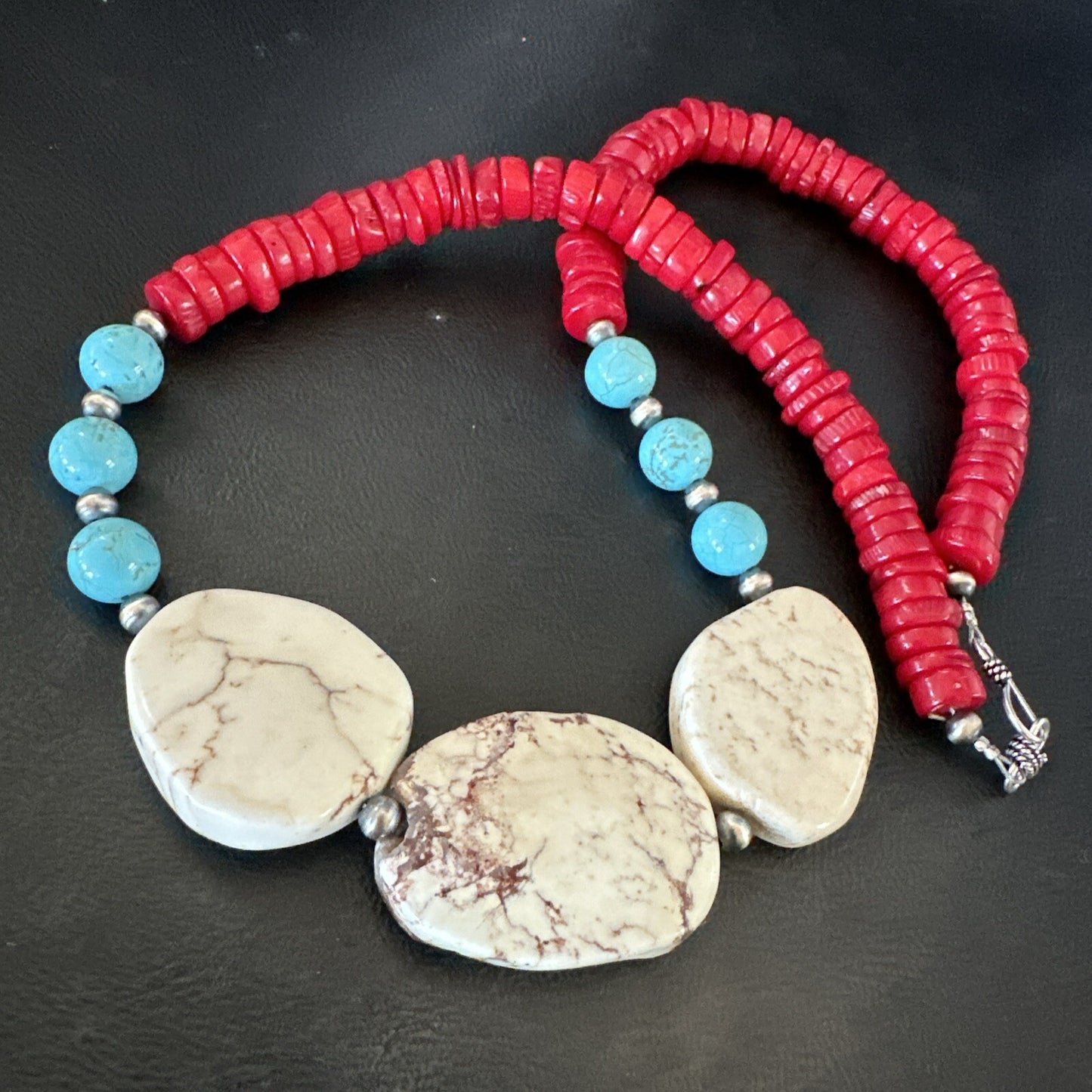 Mens Wild Horse Blue Turquoise Red Coral Navajo Sterling Silver Necklace 17980