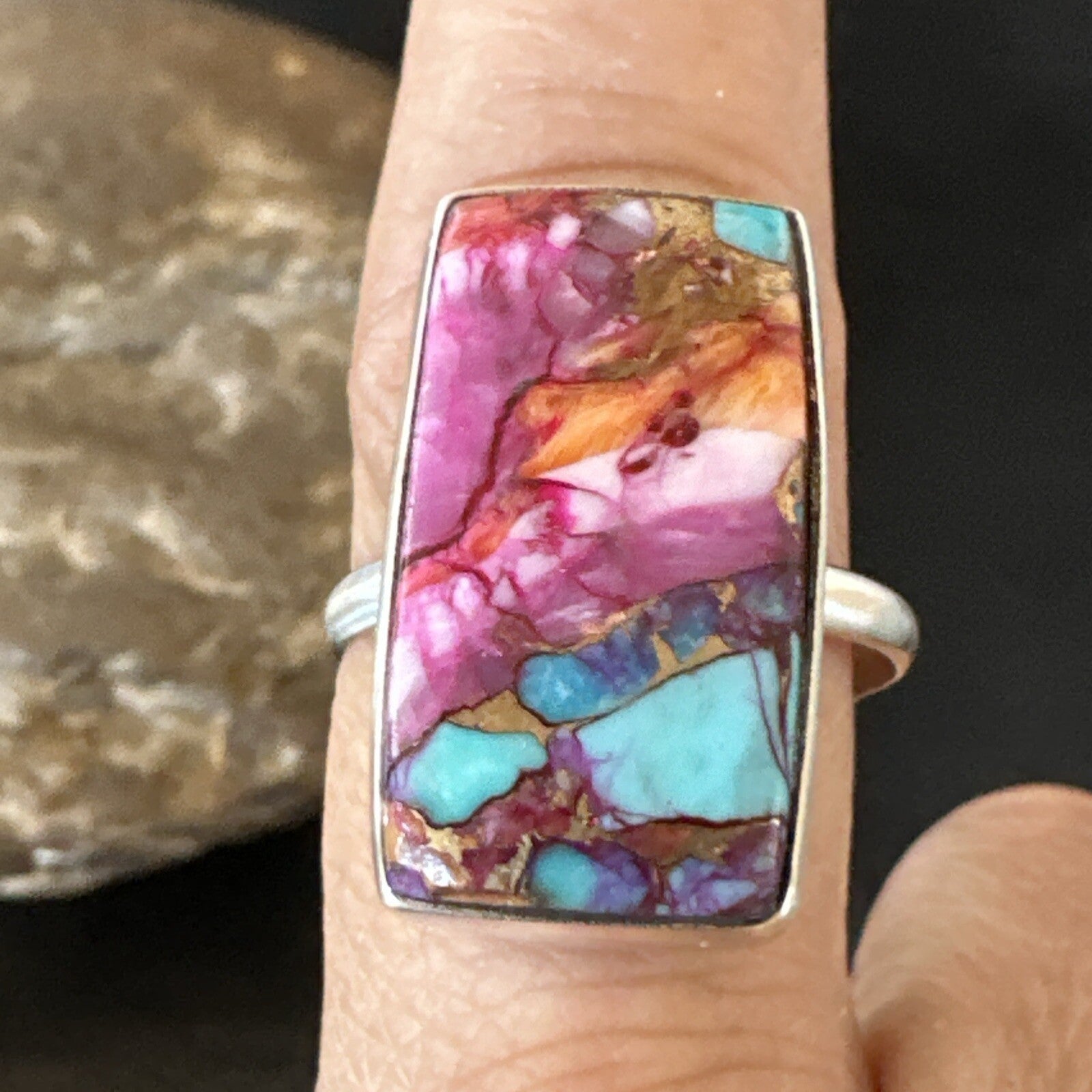 Blue Turquoise Spiny Oyster Southwestern Sterling Silver Ring Size 11 18453