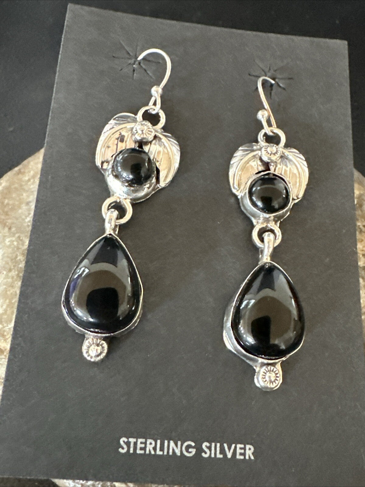 Black Onyx Navajo Sterling Silver Dangle Earrings 1.5" 18284