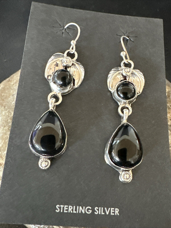 Black Onyx Navajo Dangle Earrings 1.5" | Sterling Silver | Authentic Native American Handmade | 18284