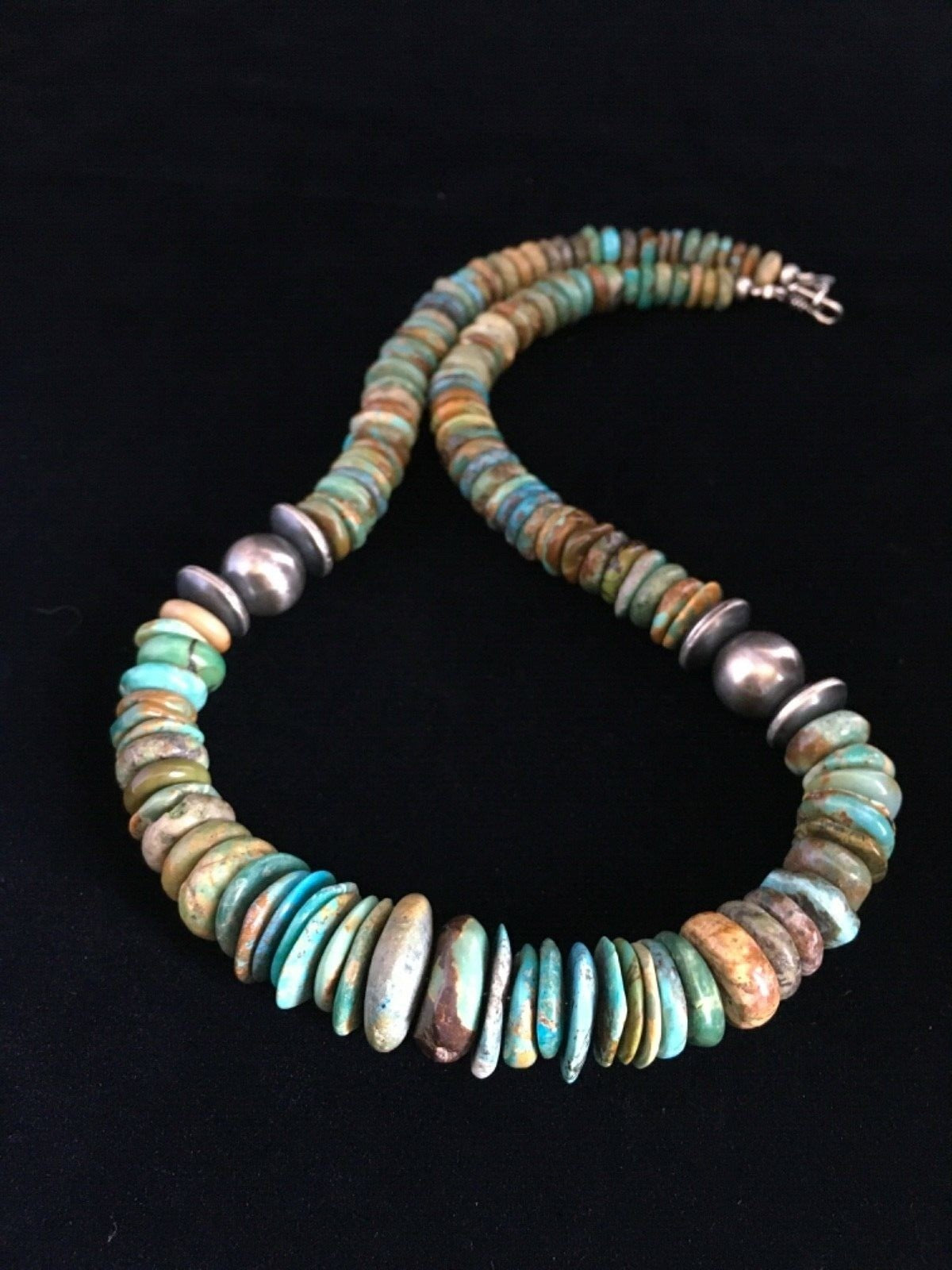 Mens Green Turquoise Graduated Navajo Sterling Silver Necklace 20" 01750