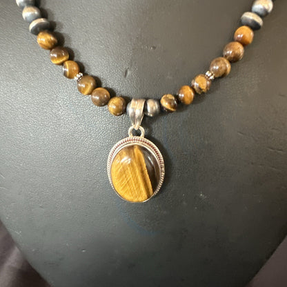 Coffee Brown Tigers Eye Sterling Silver Pendant Necklace Southwestern 18282
