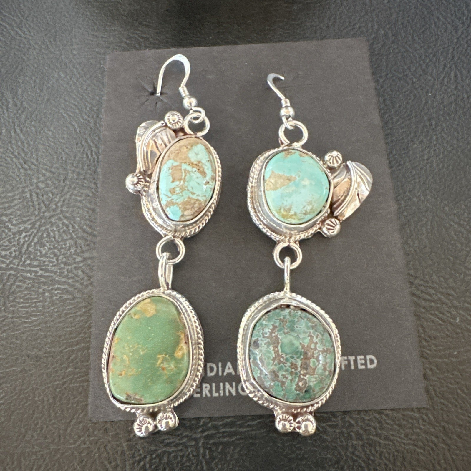 Green Royston Turquoise Navajo Sterling Silver Dangle Earrings 19602