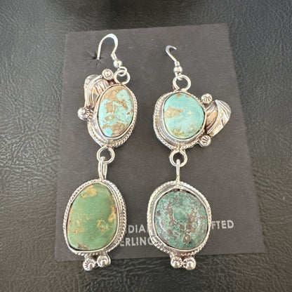Green Royston Turquoise Navajo Sterling Silver Dangle Earrings 19602