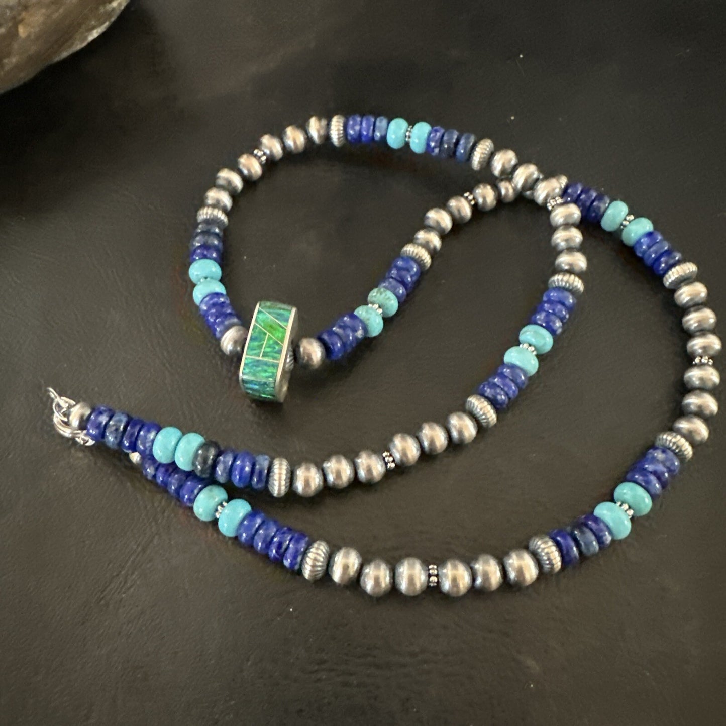 Mens Blue Turquoise Lapis Opal Pendant Navajo Sterling Silver Necklace 20" 17897