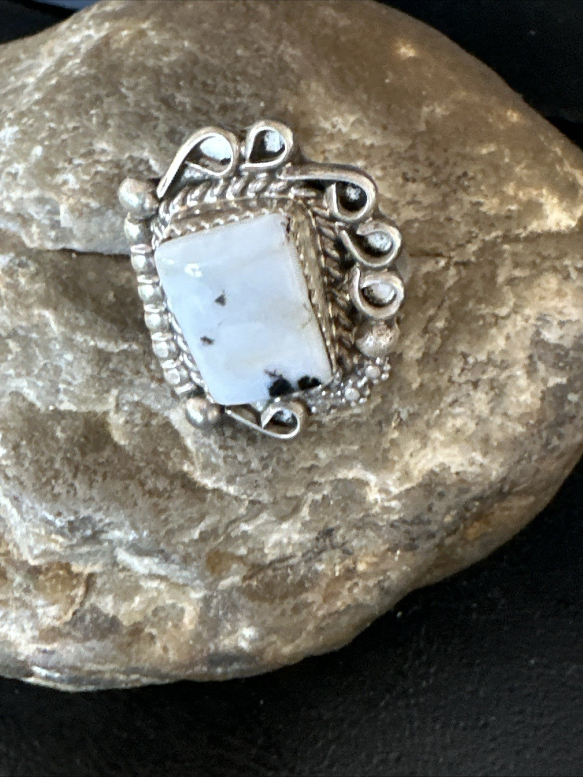 Black White Buffalo Turquoise Navajo Sterling Silver Ring Size 7 19807