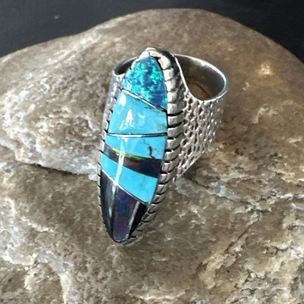 Men Navajo Multi-Color Opal Turquoise Inlay Ring Size 6 | Sterling Silver | Authentic Native American Handmade | 18756