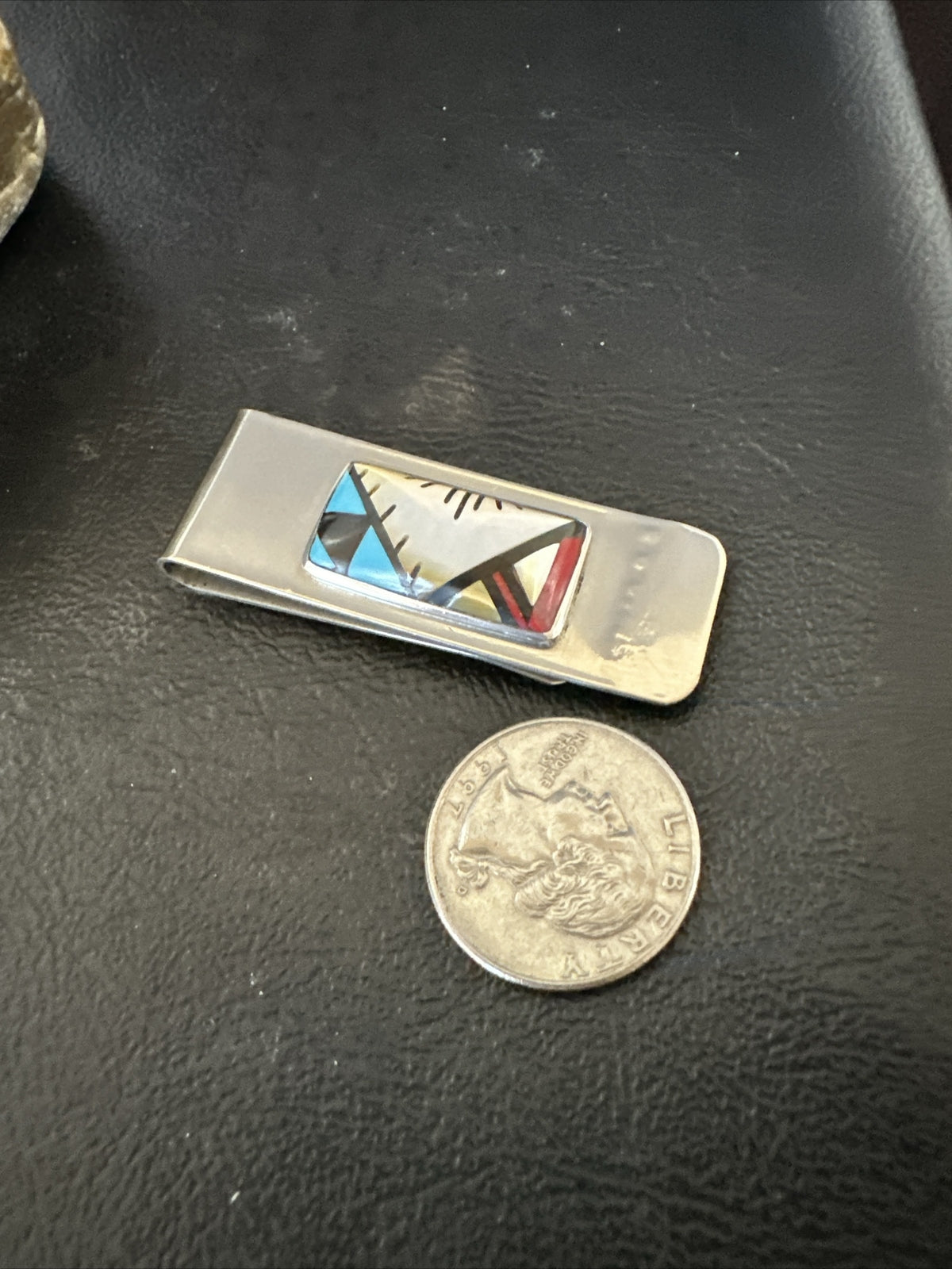 A Zuni Mens Turquoise Spiny Inlay Stainless Sterling Silver Money Clip 17835