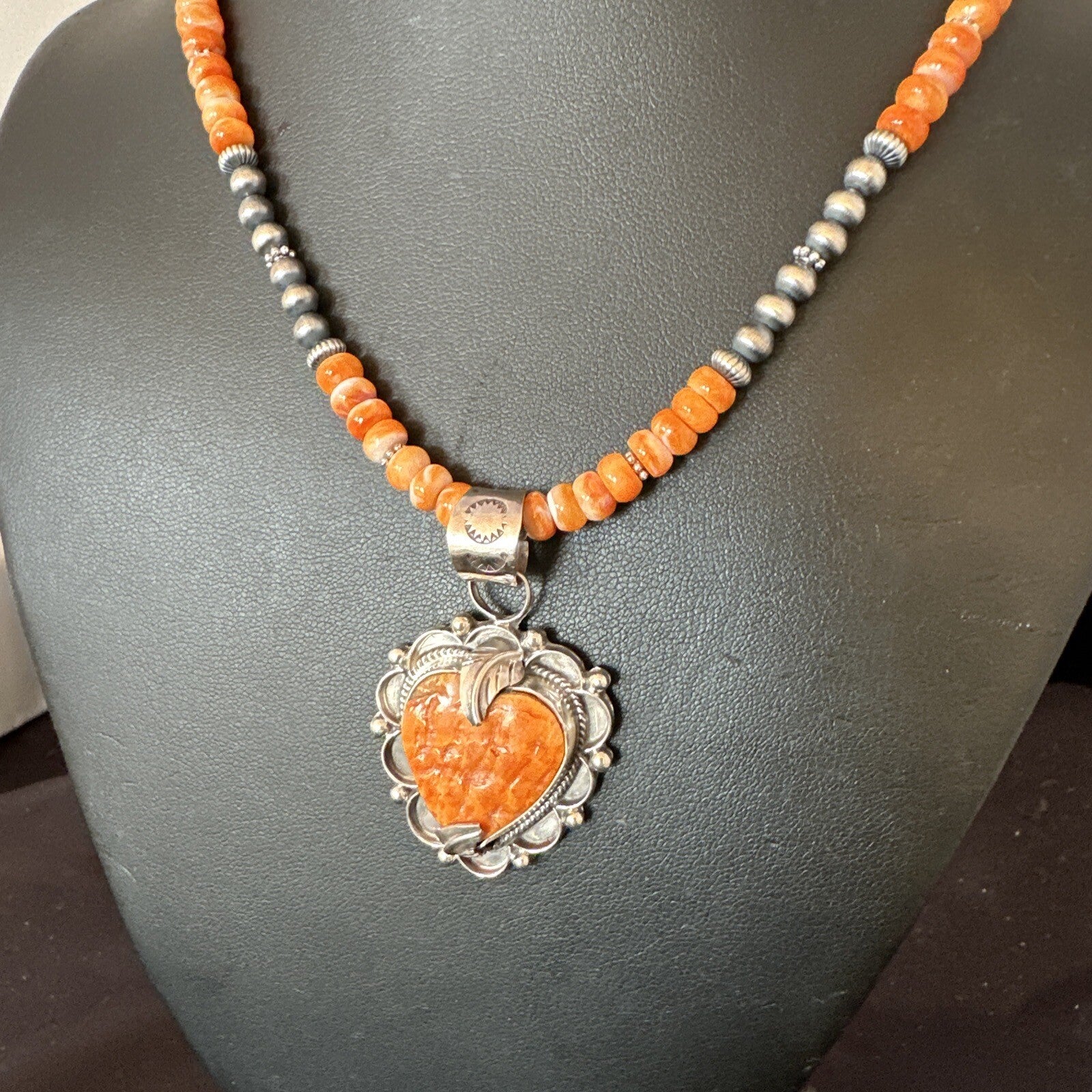 Orange Spiny Oyster Heart Pendant Navajo Sterling Silver Necklace Halloween16293