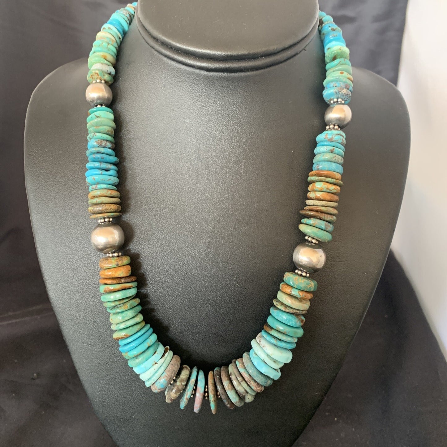 Blue Green Turquoise Navajo Sterling Silver Necklace 20" 11962