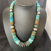 Blue Green Turquoise Navajo Necklace 20" | Sterling Silver | Authentic Native American Handmade | 11962