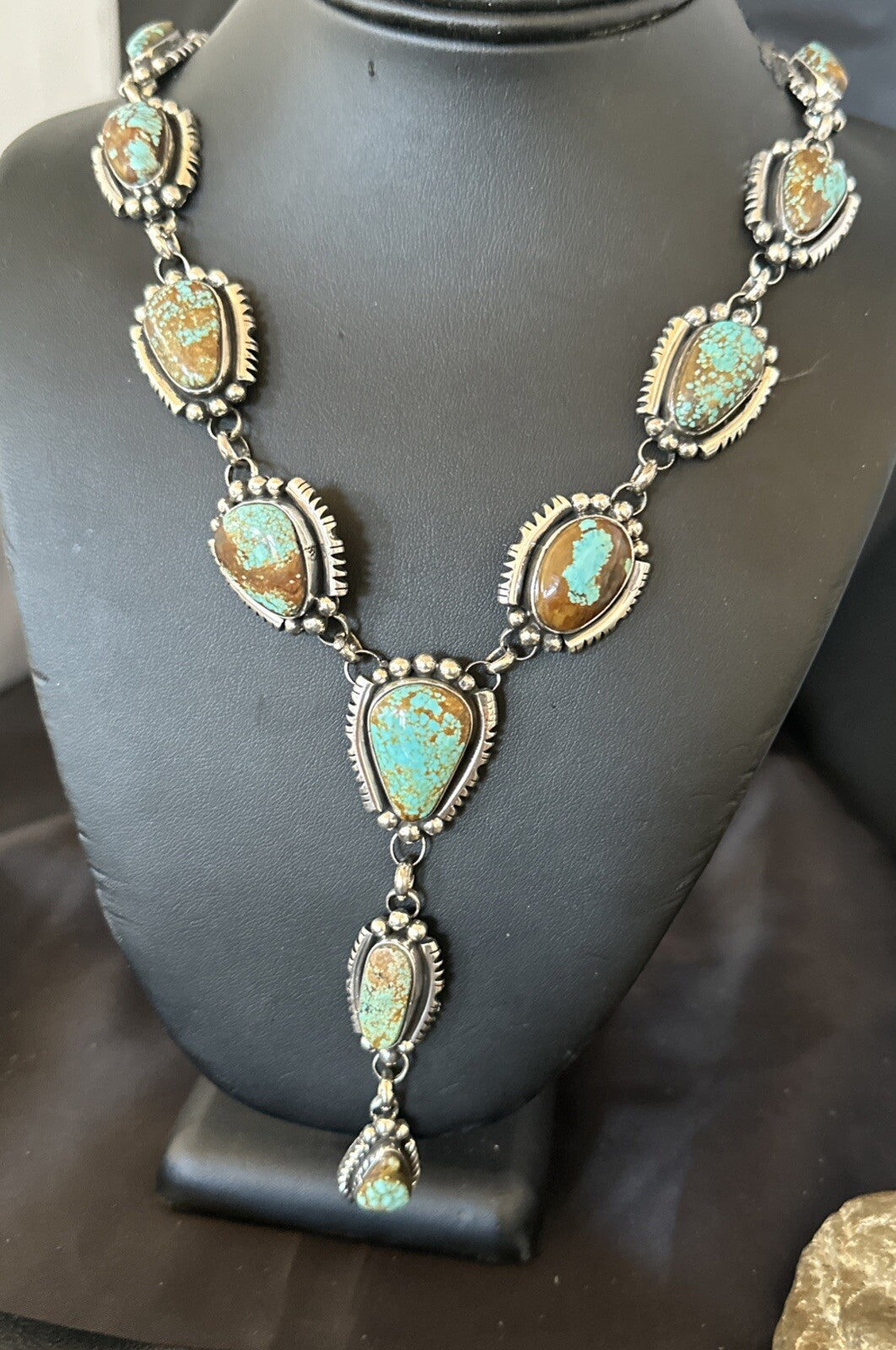 Mens Blue Turquoise #8 Navajo Pearls Sterling Silver Lariat Necklace 28" 18819