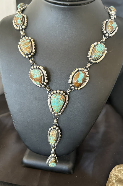 Mens Blue Turquoise #8 Navajo Pearls Sterling Silver Lariat Necklace 28" 18819