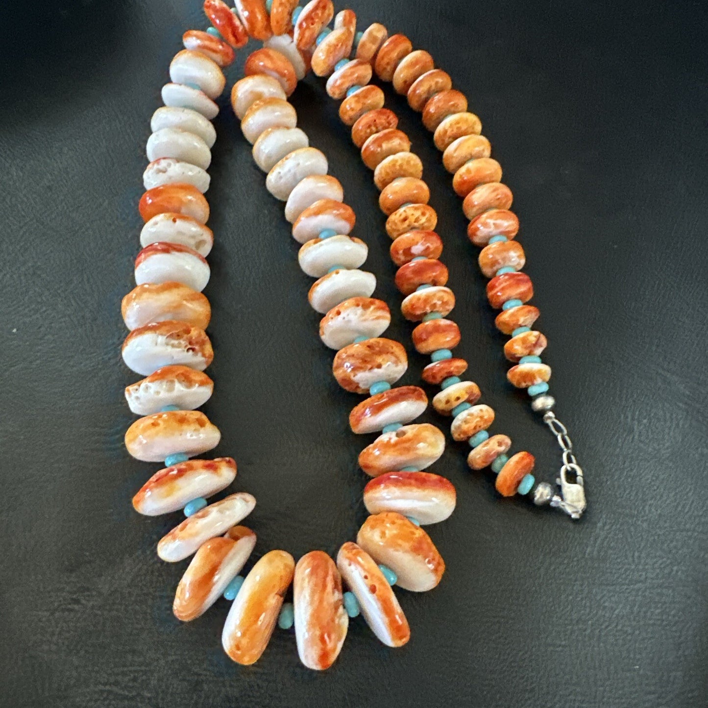 Orange Spiny Oyster Blue Turquoise Navajo Sterling Silver Necklace 25" 18089