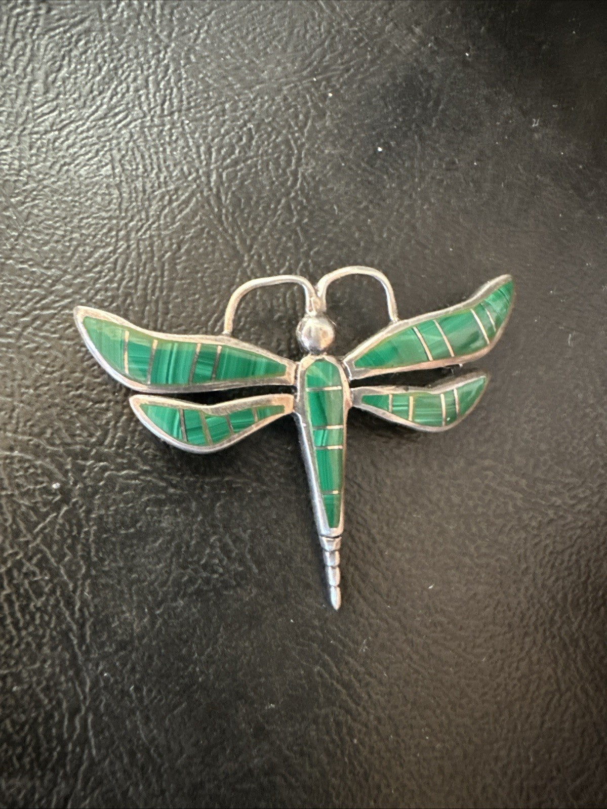 Rare Dragonfly Green Malachite Sterling Silver Inlay Pin 1.35” 19820