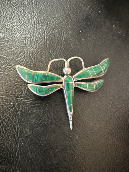Rare Dragonfly Green Malachite Sterling Silver Inlay Pin 1.35” 19820