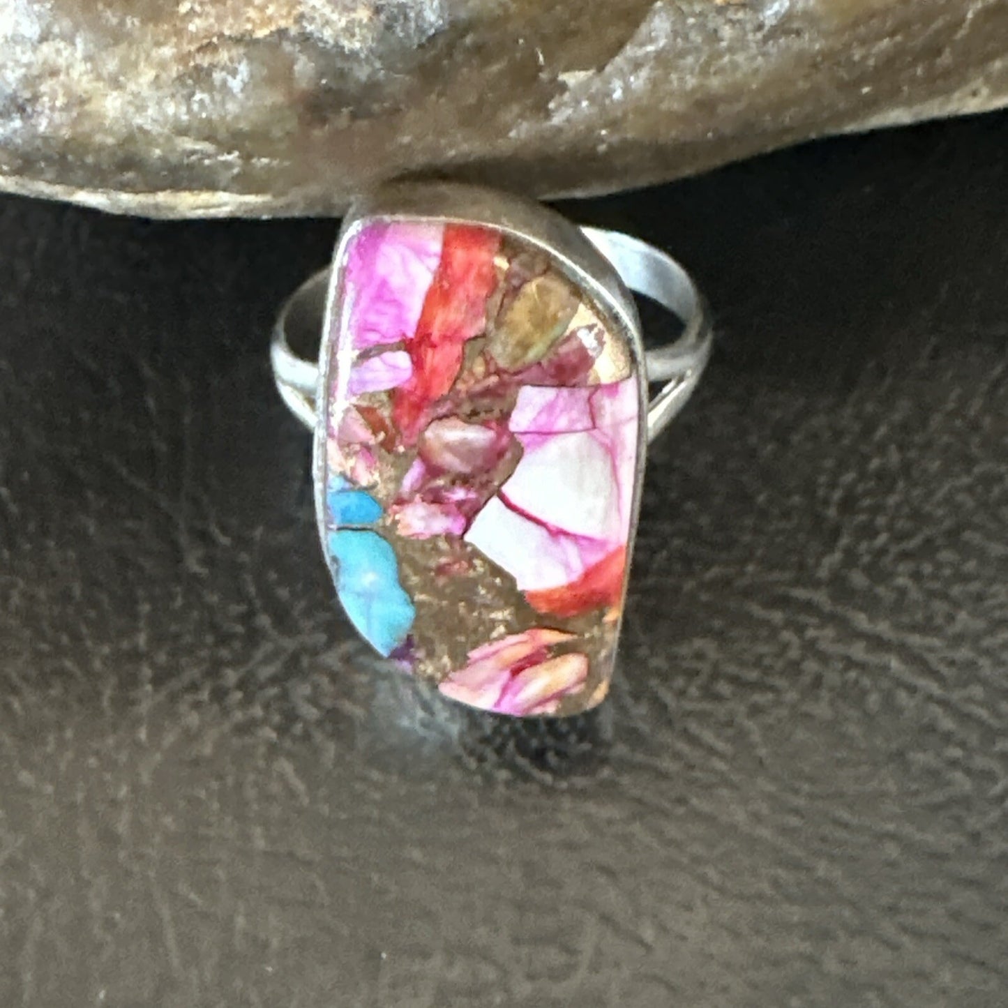 Blue Turquoise Spiny Oyster Navajo Sterling Silver Ring Size 8 18232