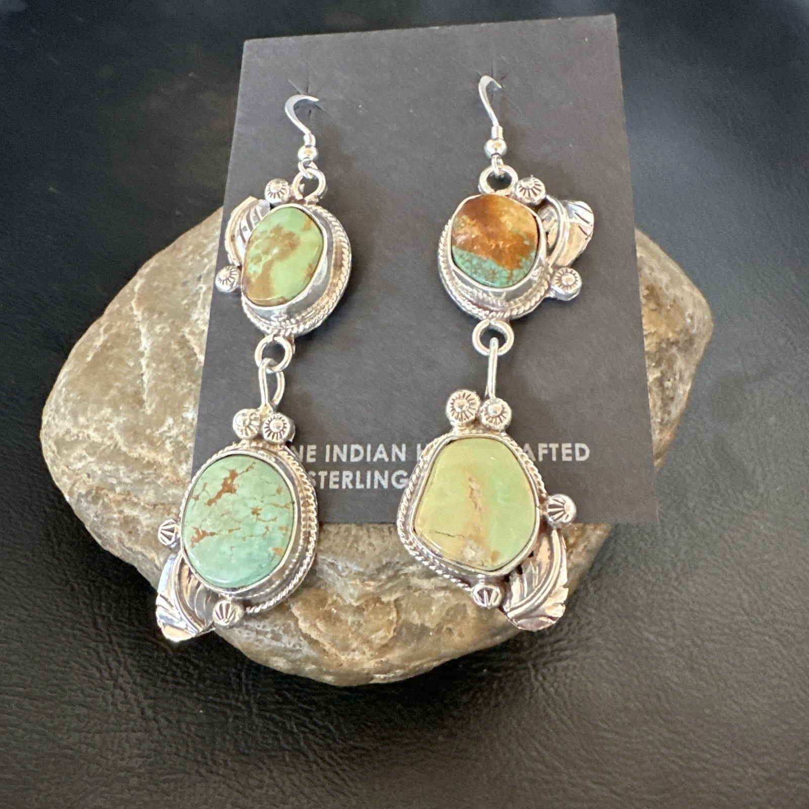 Green Royston Turquoise Navajo Sterling Silver Dangle Earrings 19600
