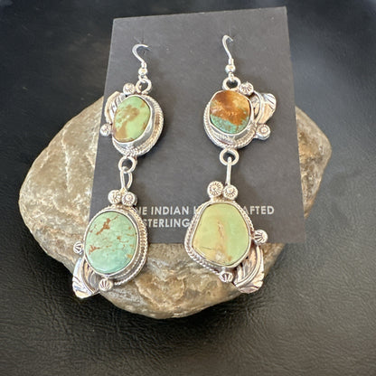 Green Royston Turquoise Navajo Sterling Silver Dangle Earrings 19600
