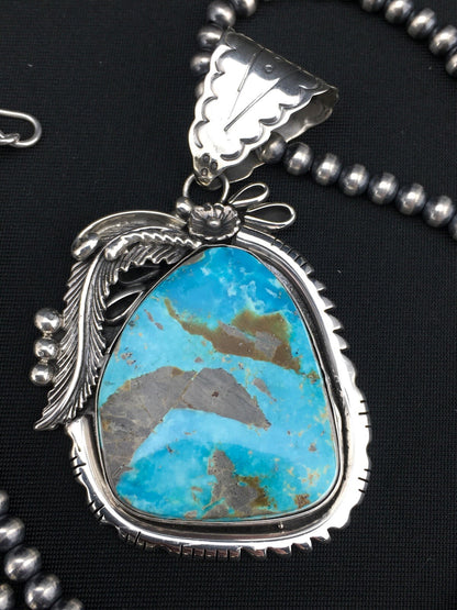Kingman Turquoise Pendant Navajo Pearls Sterling Silver Necklace 04819