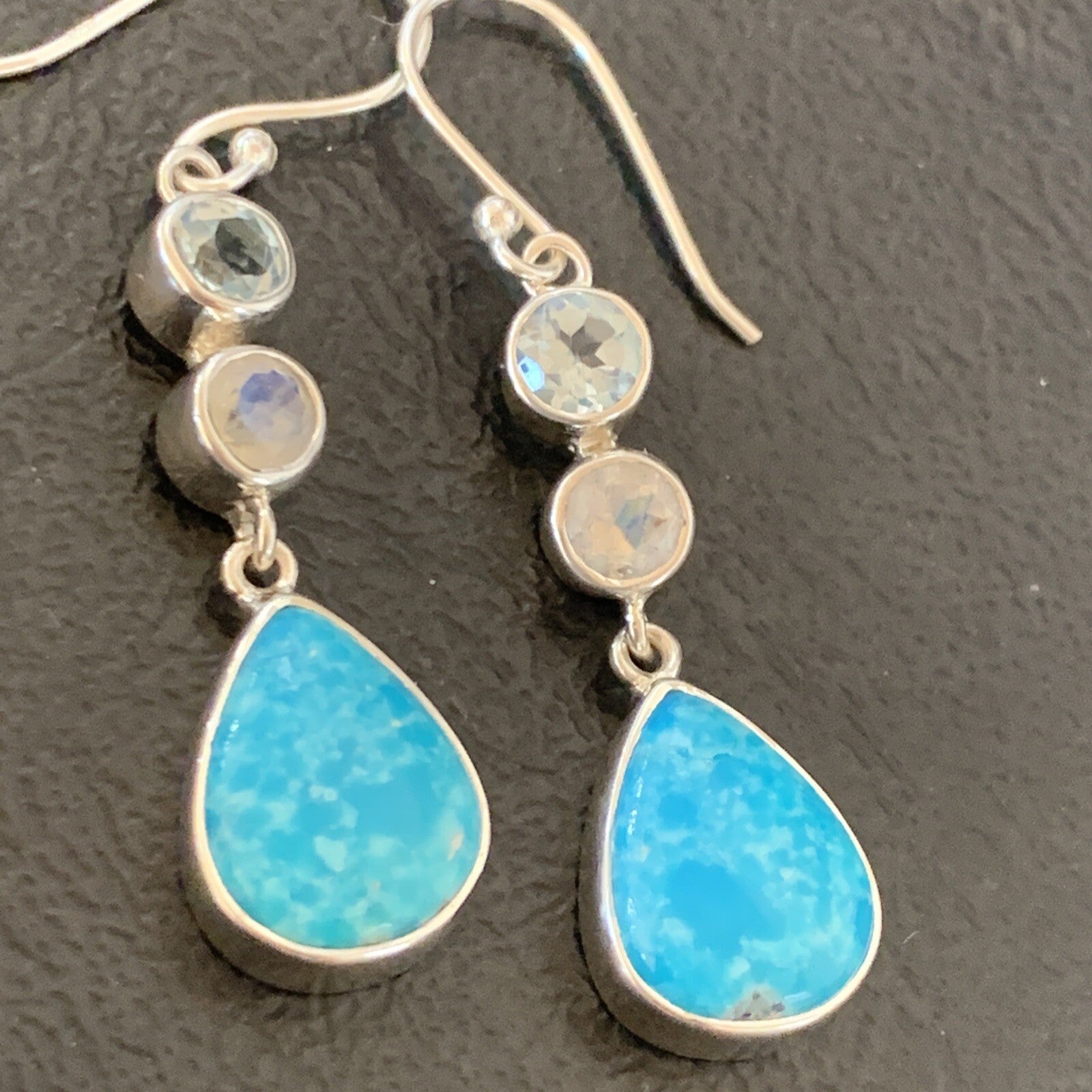Blue Kingman Turquoise & Topaz Navajo Sterling Silver Dangle Earrings 11590