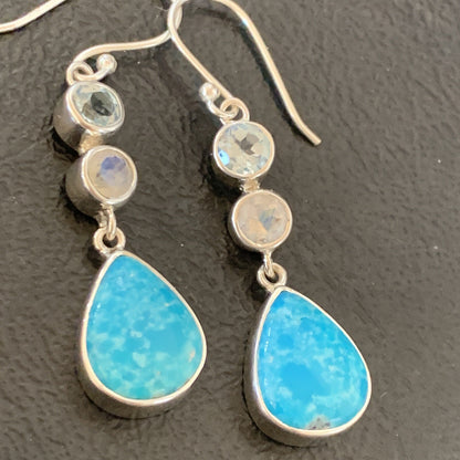 Blue Kingman Turquoise & Topaz Navajo Sterling Silver Dangle Earrings 11590