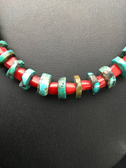 Turquoise Heishi 10 mm Bamboo Coral Sterling Silver Necklace