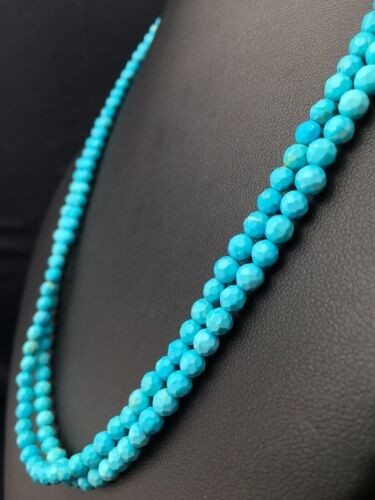 Blue Turquoise Faceted Bead 2 Strand Navajo Liquid Sterling Necklace 04368