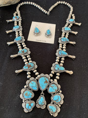 Blue Egyptian Turquoise Beads Squash Blossom Necklace | Sterling Silver | Authentic Native American Handmade | 17201