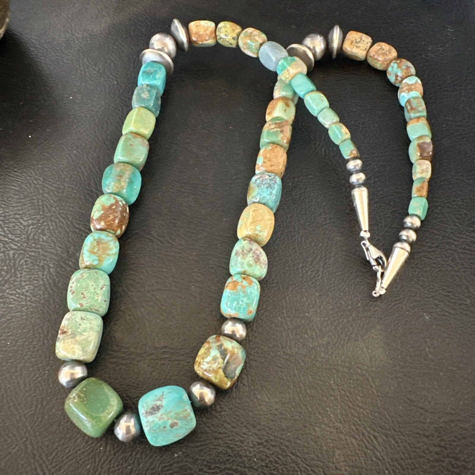 Cube Green Turquoise Navajo Graduated Sterling Silver Necklace 21” 19205