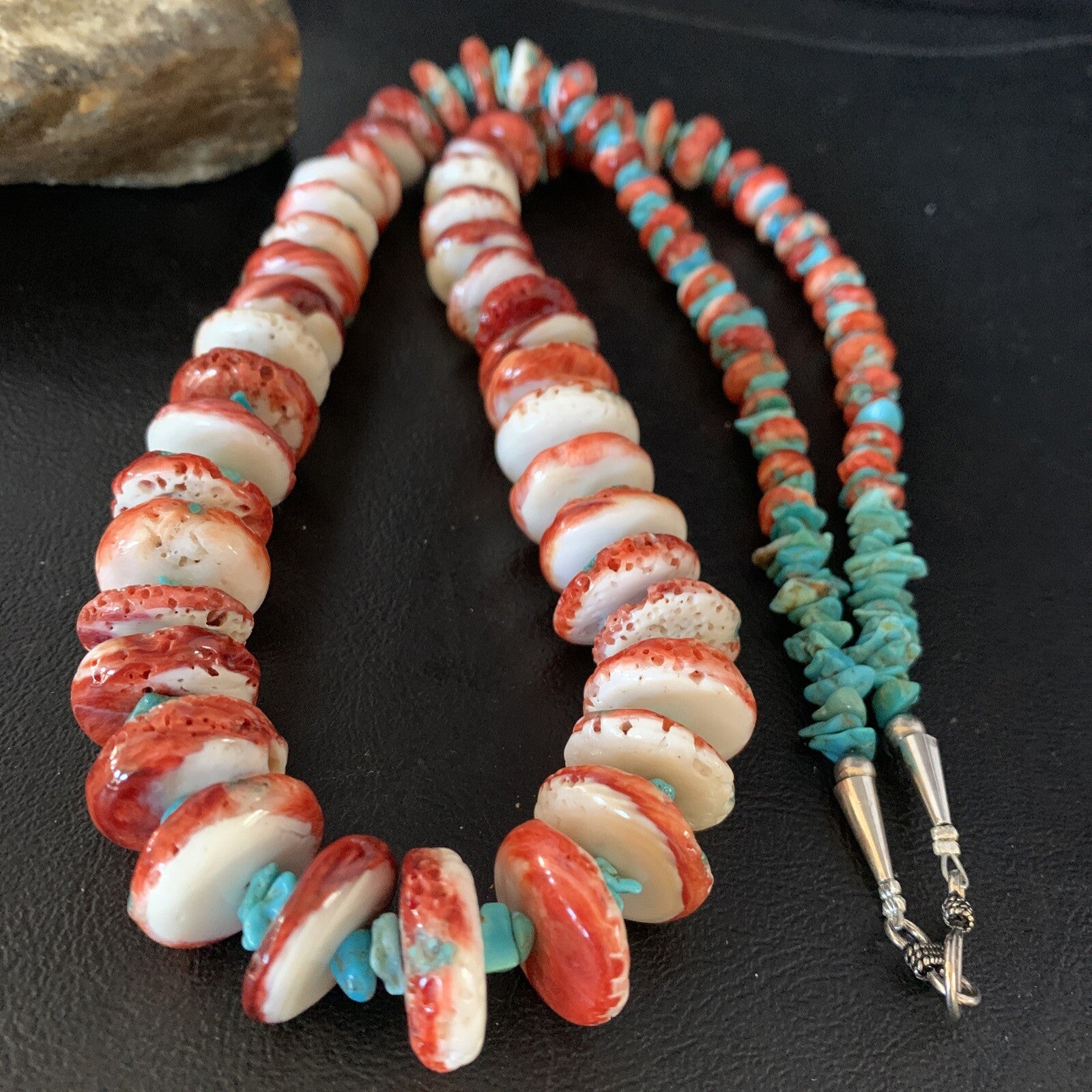 Womens Blue Turquoise & Red Spiny Oyster Navajo Sterling Silver Necklace 00114