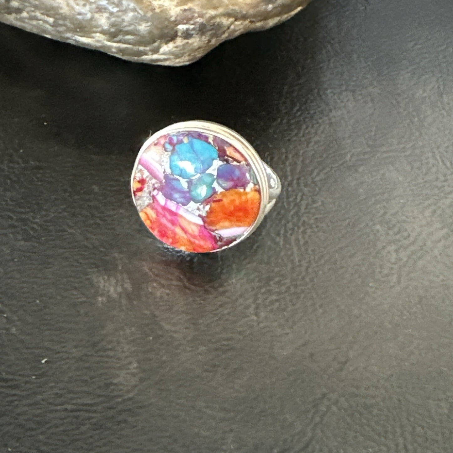 Blue Turquoise Spiny Oyster Navajo Sterling Silver Ring Size 8 18248