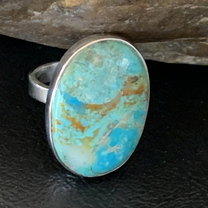 Blue Kingman Turquoise Oval Navajo Sterling Silver Ring Size 8 Adjustable 12800