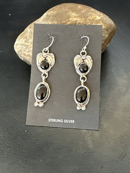 Black Onyx Navajo Sterling Silver Dangle Earrings 1.5" 18293
