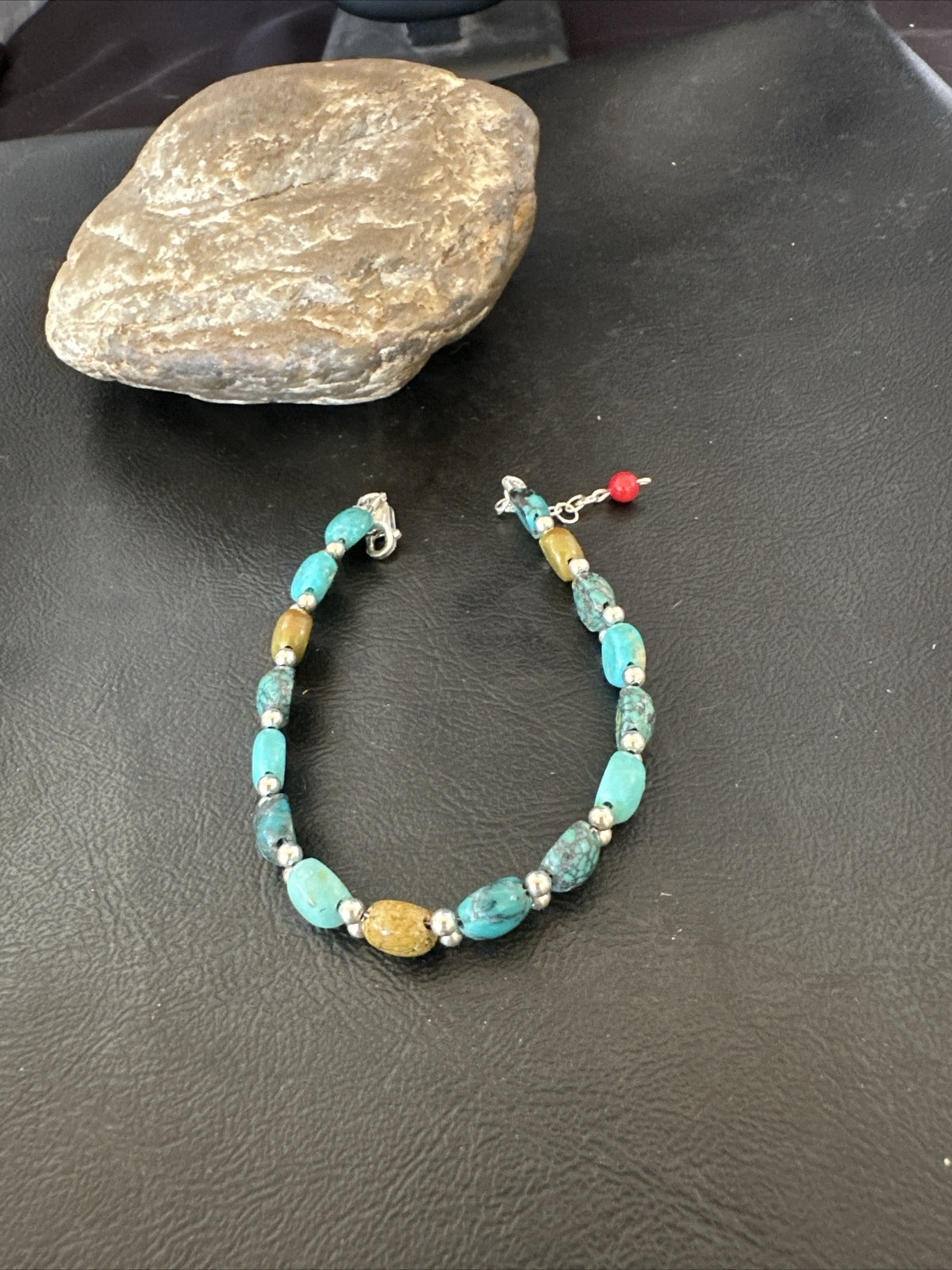 Womens Blue Turquoise Bead Southwestern Sterling Silver Link Bracelet 8" 17236A