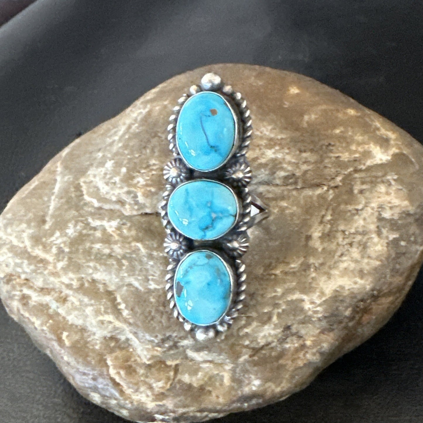 Navajo Sterling Silver Cluster Blue Turquoise 3 Stone Ring Sz 8 18597