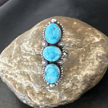 Navajo Sterling Silver Cluster Blue Turquoise 3 Stone Ring Sz 8 18597
