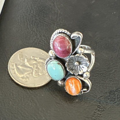 Multicolor Ring Turquoise Spiny Navajo Sterling Silver Cluster Size 9 19172